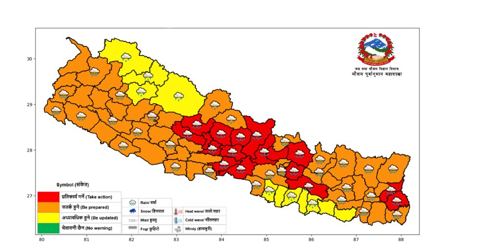 देशका विभिन्न भागमा भारी वर्षाको सम्भावना, बाढी र पहिरोको उच्च जोखिम, सतर्कता आवश्यक